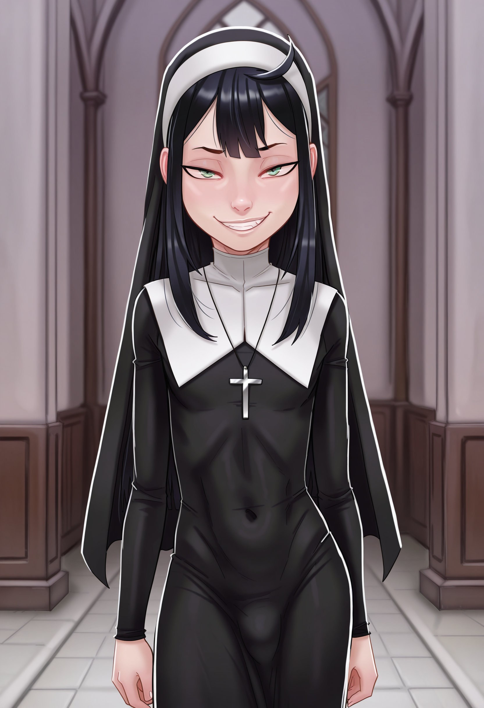 masterpiece,best quality,amazing quality,very aesthetic, absurdres, highres, newest, anime screencap, anime coloring,
BREAK
<lora:erauso_illustrious:0.8>, andava style, erauso, 1boy, green eyes, long hair, black hair, ahoge, , nun, black habit, long sleeves,
BREAK
solo, standing,
looking at viewer, smile, naughty face,