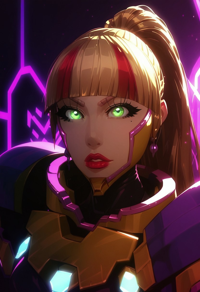 score_9, score_8_up, score_7_up, score_6_up, KK_Anime,
1girl,
solo,
blonde hair,
Long hair,
red streaks,
ponytail,
earrings,
green eyes,
red lips,
mecha bodysuit,
medium breasts,
dynamic pose,a woman, perfect cute face, perfect beautiful face, glowing eyes,   dynamic angle, ultraHD, ultrarealistic, nightime, futuristic, Expressiveh