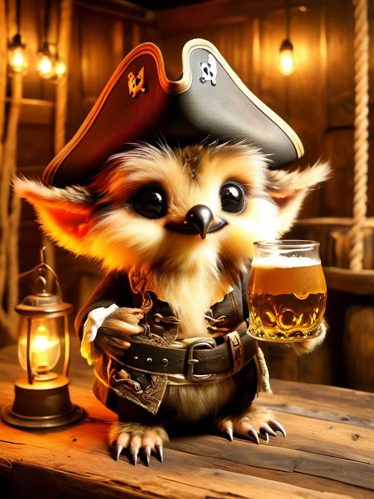 fur pirates, drinking beer, holding a beer mug, at a bar, pirate bar, pirate themed bar, dimm light, candle lights, rotten, old, wood <lora:furpirate-000004:0.9>