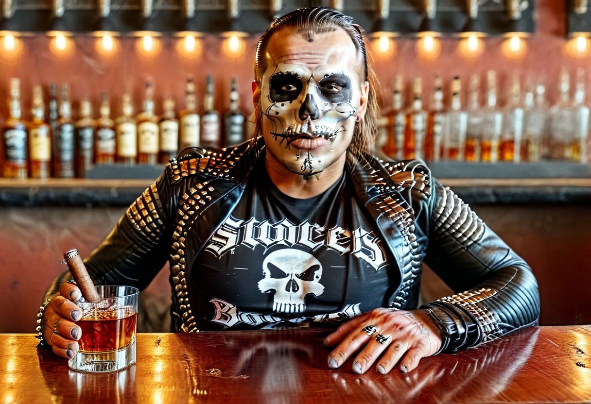 Ultra realistic with high quality and ultra detail with excellent focus and contrast, photorealistic style image, ultra realism, high definition of 2 around 50 years old, 100 kg, male wearing rocker clothes, black t-shirt with skull and bones logo, leather jacket, black cloth tied on the head, leather pants and leather boots, beard, mustache, correct and accurate anatomy, correct objects and ultra detail in the image, excellent visualization of the whole picture, sitting in a rock bar, on the bar two glasses full of whiskey, ashtray metal in the shape of a skull smoking a cigar in it, to the right of the men 1 sexy woman in rocker women's clothes serves whiskey, high fidelity visualization of the faces in the image