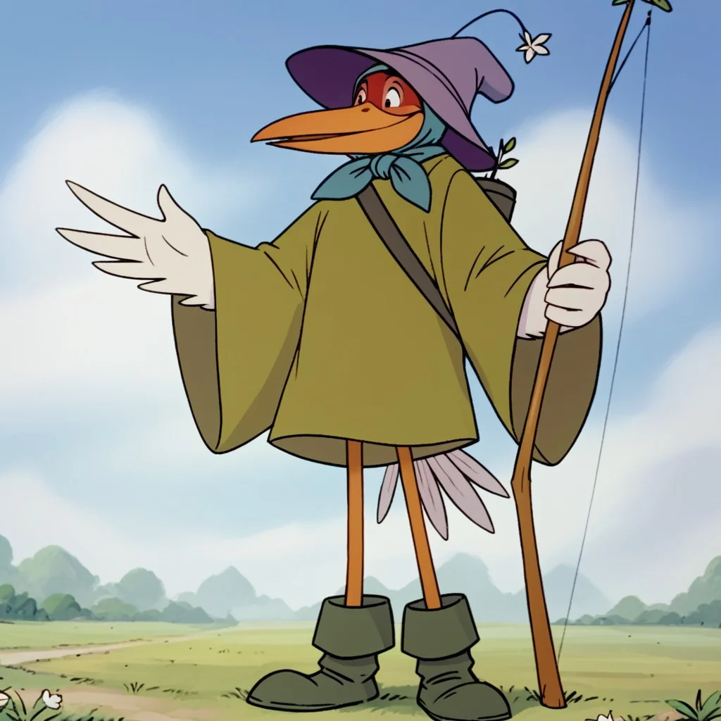 score_9, score_8_up, score_7_up, score_6_up, score_5_up, score_4_up, source_furry, RobinhoodRH, semi-anthro, male, stork, bird, winged arms, white feathers, beak, purple hat, green tunic, brown boots, quiver, standing, in a field,, <lora:412d46af-ba20-4cf4-8921-93bce25af952:0.7>