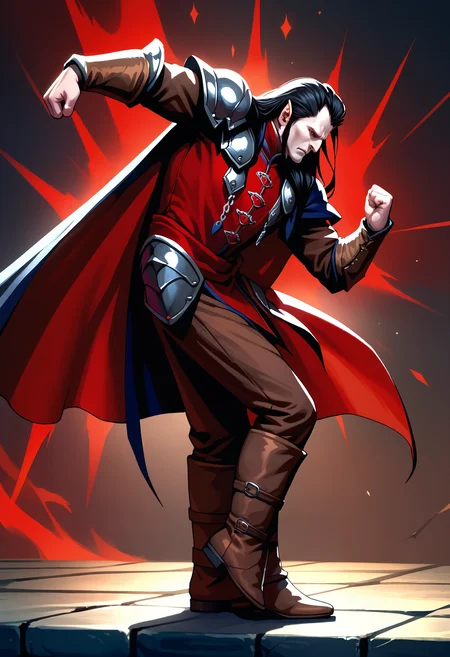 score_9, score_7_up, source_anime, solo, 1boy, strahd, colored skin, pale skin, pointy ears, long hair, black hair, red eyes, high collar, black cape, cloak chain, red doublet, shoulder armor, fur trim, vambraces, brown pants, brown boots, standing, dancing, from side, leaning forward, clenched hands, aura <lora:MandervilleDance_pdxl_Incrs_v1:1> <lora:clamStrahdPDXL_v20:1>
