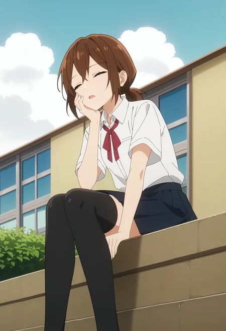 score_9, score_8_up, score_7_up, anime screencap, source_anime, 1girl, solo,
<lora:Yuriko_Hori_Horimiya_V2:.85>, KJOyuriko, brown hair, medium hair, hair between eyes, closed eyes, low ponytail,
school uniform, black skirt, black thighhighs, short sleeves,
sitting on ledge, sitting, from below, confused, open mouth, hand on face, looking up,
sunny, blue sky, cloud, rooftop,
(Beautiful, small Breasts:1.2),