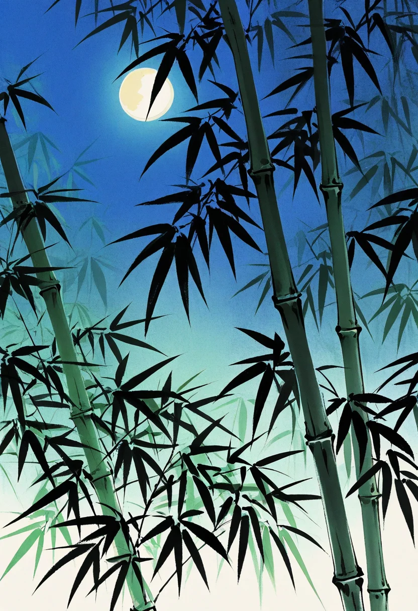 no humans, minimalism, night sky, moon, bamboo forest, close-up, leaf,
BREAK
best quality, masterpiece, very aesthetic, absurdres, highest detailed, very awa, detailed background, high contrast, <lora:Ink_wash_painting_style_v1.5:0.8>,