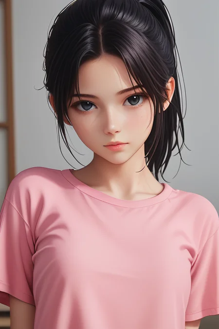 <lora:Kak_Ros_UpinIpin:1> kak_ros, black hair, black eyes, ponytail, pink shirt, looking at viewer