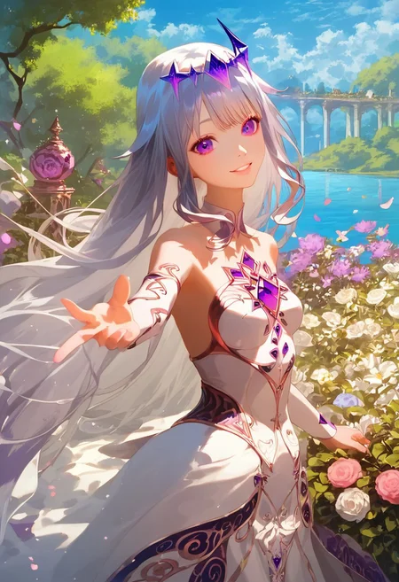 score_9, score_8_up, score_7_up, score_6_up, Expressiveh, ultra detailed, high resolution, absurdres, masterpiece, 
1girl, beautiful, aesthetic, dynamic pose, perfect hands, perfect anatomy, happy, looking at viewer, petite, short, detailed face, beautiful face, detailed eyes, beautiful eyes, 
bijou, long hair, dynamic hair, silver hair, purple highlight, purple eyes, small breast, detailed outfit, embellished outfit, 
beautiful scenery, aesthetic scenery, detailed background,
depth of field, realistic, anime,