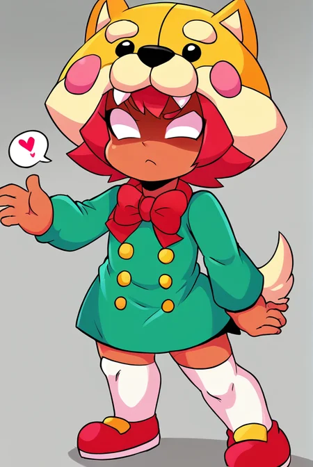 score_9, score_8_up, score_7_up, <lora:shinita:1> shinita , 1 girl , dark-skinned female, red hair, no pupils, green dress ,long sleeves, solo ,white thighhighs, red ribbon, shaded face, ,dog headwear , confused, looking at viewer, randoseru, heart, <lora:torule_style:1>torule style ,by torule ,