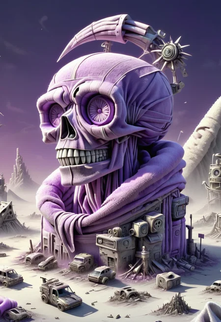 DonMT0w31XL towel, constructive realism, post-apocalyptic, cacophonous, toon shading, renderware engine, monochromatic, pastel drawing, logo, atmospheric scattering, phenomenal masterwork, 4k, visionary, cacophony, purple <lora:DonMT0w31XL-000010:1>
