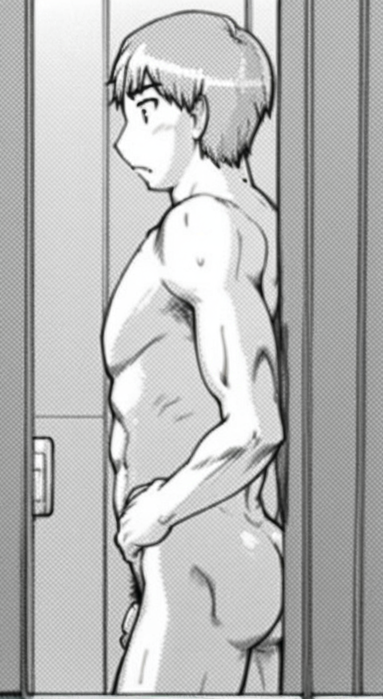 score_9, score_8_up, score_7_up, anime_source, official artstyle, anime screencap, ((monochome)), highly detailed, 1boy, perfect composition, good shading, male focus, 1boy, solo, male focus, indoors, bathroom, completely naked, completely nude, flaccid penis, pubes, akishima boy 4,silver hair, abs, pectorals, standing, backside view, defined back muscles, ((butt focus)), ((monochrome))