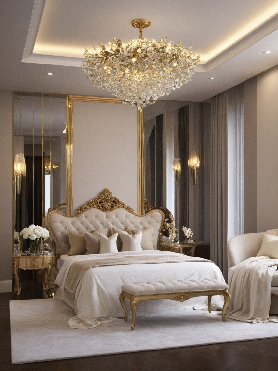 <lora:JJsLuxuryBedroom_XL:1>,  ((best quality)),((masterpiece)),((realistic)), (((Luxury Bedroom)))  , photorealistic, chair , authentic, soft lighting,indoor scenery, reflection ,wall ,rug , lamp, flower, vase , chair ,ceiling , plant, window ,curtain  ,couch, gold, dramatic lighting,