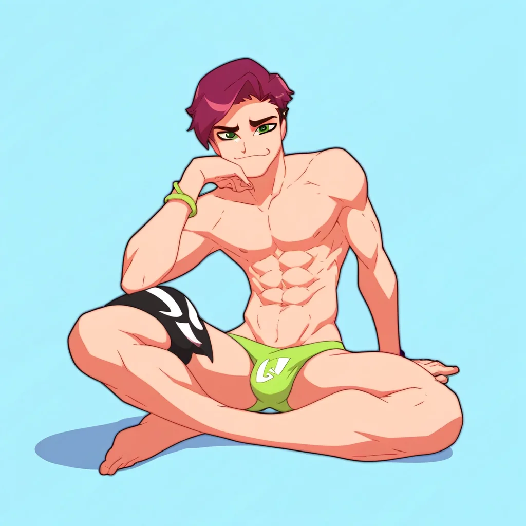 Mephisto, solo, green eyes, 1boy, male focus, short hair, purple hair, swimsuit, male swimwear, abs, bracelet, speedo, topless male, score_9, score_8_up, score_7_up, score_6_up <lora:vinceteaa_020_04v2-step00000400r:1> good face, good eyes, looking at viewer, full body,