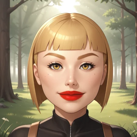 score_9, score_8, BREAK, solo, wii, mii, female mii, wii sports, 1girl, dark yellow eyes, blonde hair, dark blonde eyebrows, red lips, lipstick, black clothing, white pants, shoes, nintendo mii, modern_mii, classic_mii, breasts, Silke_(Wii_Sports), sexy pose, smile, outdoors, sunlight, shadows, evening lighting, natural lighting, forest, trees, grass, orange sky, sunset