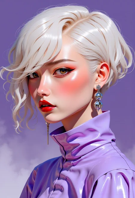 High quality, highly detailed, hyper-realistic, 8K, masterpiece, digital painting. This image features a young Asian woman with extremely glossy, oily pale skin, giving her a smooth and almost luminous texture. Her facial features are finely sculpted, with high cheekbones, a small nose, and full lips painted in a deep, glossy burgundy. Her almond-shaped eyes are accentuated with bold, smoky eyeliner, exuding an intense, focused gaze. She has short, platinum blonde hair styled in a sleek, wet-look pixie cut, which glistens under the light. The woman wears a high-collared blouse in soft lavender with a subtle, satin sheen that enhances the glossy aesthetic of the image. Her earrings are large, geometric studs made of reflective silver, creating a sharp contrast with the softness of her blouse. The background is a soft, gradient purple, blending from deep violet at the top to lighter lavender, intensifying the focus on her face and adding depth to the composition. The overall tone is modern and minimalistic, with the subject’s face and shoulders as the focal point, void of distractions. (guy, pinkprismaticglow, 0utp0st style, Detailed hand, Hand, Perfect hand, ArsMJStyle, Zen Ink Wash Sumi-e)