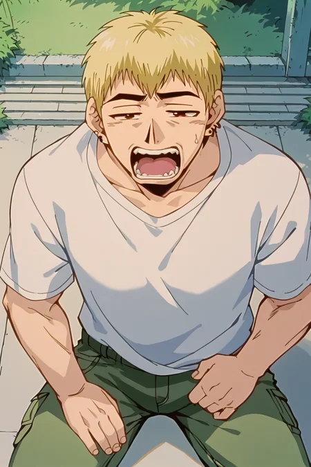 score_9, score_8_up, score_7_up, source_anime BREAK Ekiti Onizuka, muscular, blonde hair, brown eyes, short hair, ear piercing, t-shir, cargo pants, <lora:Ekiti_OnizukaSDXL:1>,((meme, meme face)), eyebrows down, tired, mouth wide open, yawning, hunched over, masterpiece, 4k, best quality