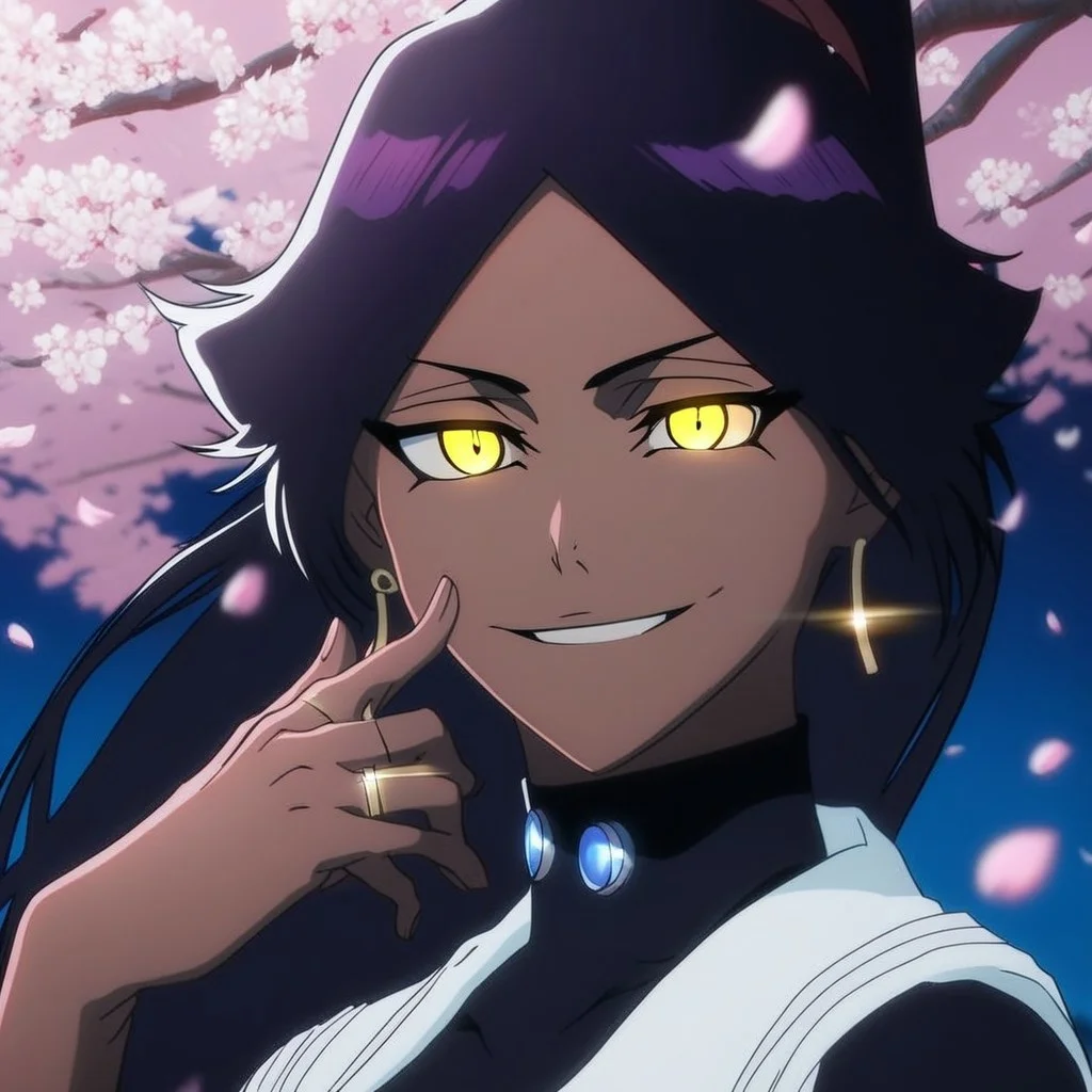 score_9, score_8_up, score_7_up, source_anime, y0ruichi bl3ach, long hair, black hair, dark skin, dark-skinned female, yellow eyes, large breasts, high ponytail, yellow eyes, seductive, cherry trees, background, red petals, big breasts, black turtleneck sweaters, blue diamond earrings, 4k frame, ultra realistic detailed, golden rings,outdoor, evening, red sea, blue night, purple lights, white lights flowers, red intense aura, high contrast, close up, face 4k, wind, hand on cheek, face view, high angle, portrait, smiling, beutiful eyes, seductive looking at viewer