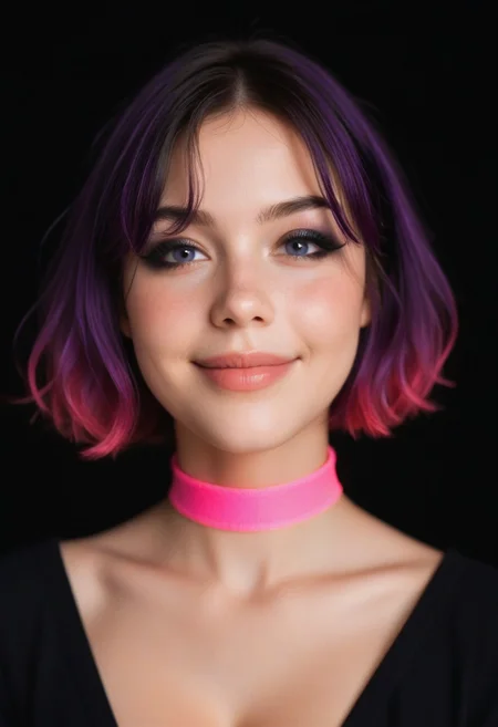 score_9, score_8_up, score_7_up, (realistic:1.4), (thin neck), small boobs, cleavage, pink choker, (young:1.5),
1girl, dark purple wig, genz_haircut, (bangs:1.1), side view, (detailed face and eyes:1.2), white background, perfect cute face, blushing, (((egirl))), goth makeup, dappled light, sexy cleavage, (pornstar), turning to look at viewer, vibrant colours, smiling wide, round face, (((small sagging boobs))), ((glowing, streaks)), circles, evening, black background, dark eyeliner, thick thighs,