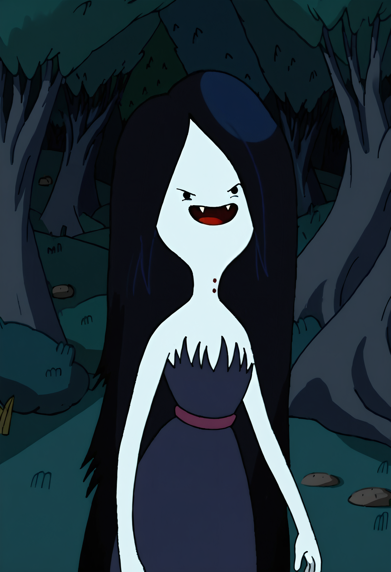 marceline, 1girl, fangs, long hair, black hair, dress, striped shirt, very long hair, , solo, black eyes, bite mark, solid circle eyes, open mouth, smile, tree, grey skin, forest, vampire,outdoors, night, night sky,  <lora:MarcelinePony1.1:1>, score_9, score_8_up, score_7_up, score_6_up, score_5_up, score_4_up, looking at viewer, cowboy shot,tree, forest,