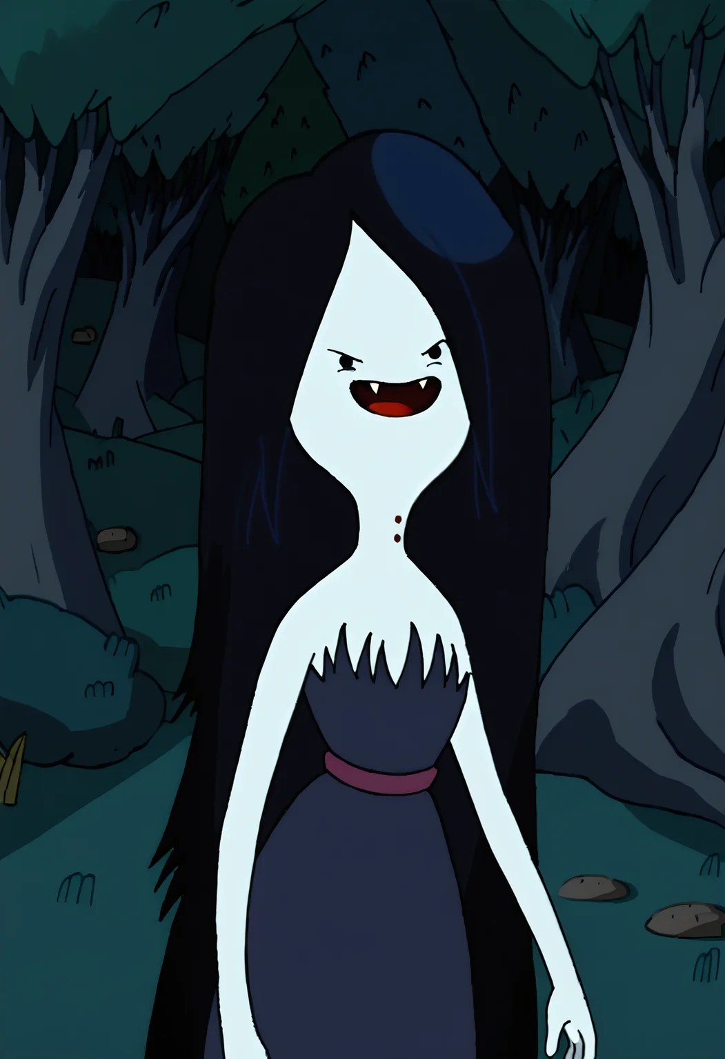 marceline, 1girl, fangs, long hair, black hair, dress, striped shirt, very long hair, , solo, black eyes, bite mark, solid circle eyes, open mouth, smile, tree, grey skin, forest, vampire,outdoors, night, night sky, <lora:MarcelinePony1.1:1>, score_9, score_8_up, score_7_up, score_6_up, score_5_up, score_4_up, looking at viewer, cowboy shot,tree, forest,