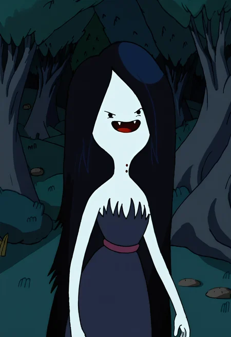 marceline, 1girl, fangs, long hair, black hair, dress, striped shirt, very long hair, , solo, black eyes, bite mark, solid circle eyes, open mouth, smile, tree, grey skin, forest, vampire,outdoors, night, night sky, <lora:MarcelinePony1.1:1>, score_9, score_8_up, score_7_up, score_6_up, score_5_up, score_4_up, looking at viewer, cowboy shot,tree, forest,