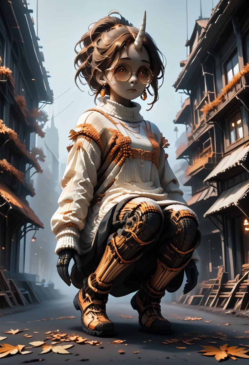 score_9, score_8_up, score_7_up,
Color digital painting with anime influences
Slightly low angle looking up at the woman, subtly emphasizing her presence
* Warm and soft lighting
* Light filters through trees, creating dappled shadows and highlights on ground and clothing
* Sunny autumn day suggested by the lighting
**Composition Style:** Three-quarter view focusing on the woman from thighs up
* Young woman with a unicorn horn is relaxed, demure posture
* Legs together, body slightly angled towards viewer
* One hand lightly touching her hair
* Long, dark hair with streak of orange
* Large, round, gold-rimmed glasses and small, dangling earrings
* Oversized, off-the-shoulder sweater with horizontal orange and cream stripes
* Thigh-high striped socks in orange and black
* Fallen autumn leaves scattered on ground around her
* Warm palette of oranges, browns, and yellows dominating the image
* Blues and greens used in background for sky and trees
* Autumnal colors reflect the seasonal setting
* Detailed depiction of street or path lined with trees shedding autumn leaves
* Elements of building and discarded wooden structures visible in background
* Background uses perspective and atmospheric details
WORLD MORPH MATCHES, FIRE, monochrome, glow, neon, asdfm3cha