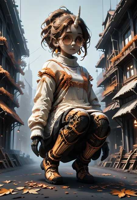 score_9, score_8_up, score_7_up,
Color digital painting with anime influences
Slightly low angle looking up at the woman, subtly emphasizing her presence
* Warm and soft lighting
* Light filters through trees, creating dappled shadows and highlights on ground and clothing
* Sunny autumn day suggested by the lighting
**Composition Style:** Three-quarter view focusing on the woman from thighs up
* Young woman with a unicorn horn is relaxed, demure posture
* Legs together, body slightly angled towards viewer
* One hand lightly touching her hair
* Long, dark hair with streak of orange
* Large, round, gold-rimmed glasses and small, dangling earrings
* Oversized, off-the-shoulder sweater with horizontal orange and cream stripes
* Thigh-high striped socks in orange and black
* Fallen autumn leaves scattered on ground around her
* Warm palette of oranges, browns, and yellows dominating the image
* Blues and greens used in background for sky and trees
* Autumnal colors reflect the seasonal setting
* Detailed depiction of street or path lined with trees shedding autumn leaves
* Elements of building and discarded wooden structures visible in background
* Background uses perspective and atmospheric details
WORLD MORPH MATCHES, FIRE, monochrome, glow, neon, asdfm3cha