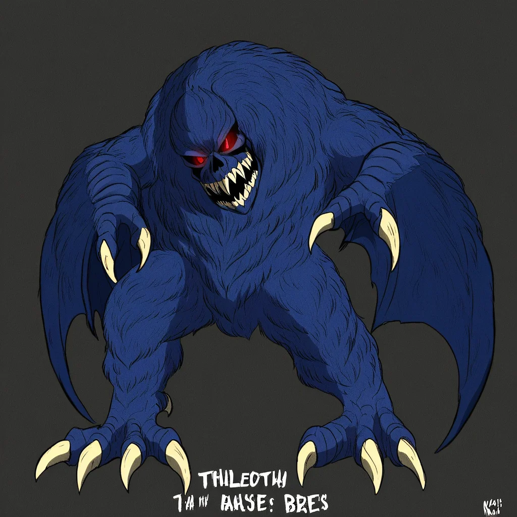 solomon, kaiju, demonic kaiju, no humans, humanoid, skull face, monster, dark blue fur, dark blue skin, glowing red eyes, sharp teeth, humanoid arms, sharp claws, bat wings coming out of his arms, bird feet with 3 white claws, 4-fingered hands with white claws,