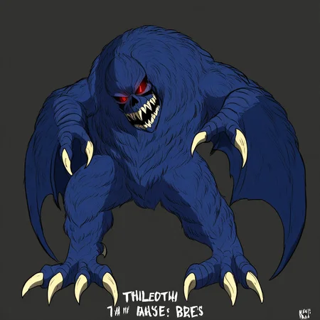 solomon, kaiju, demonic kaiju, no humans, humanoid, skull face, monster, dark blue fur, dark blue skin, glowing red eyes, sharp teeth, humanoid arms, sharp claws, bat wings coming out of his arms, bird feet with 3 white claws, 4-fingered hands with white claws,
