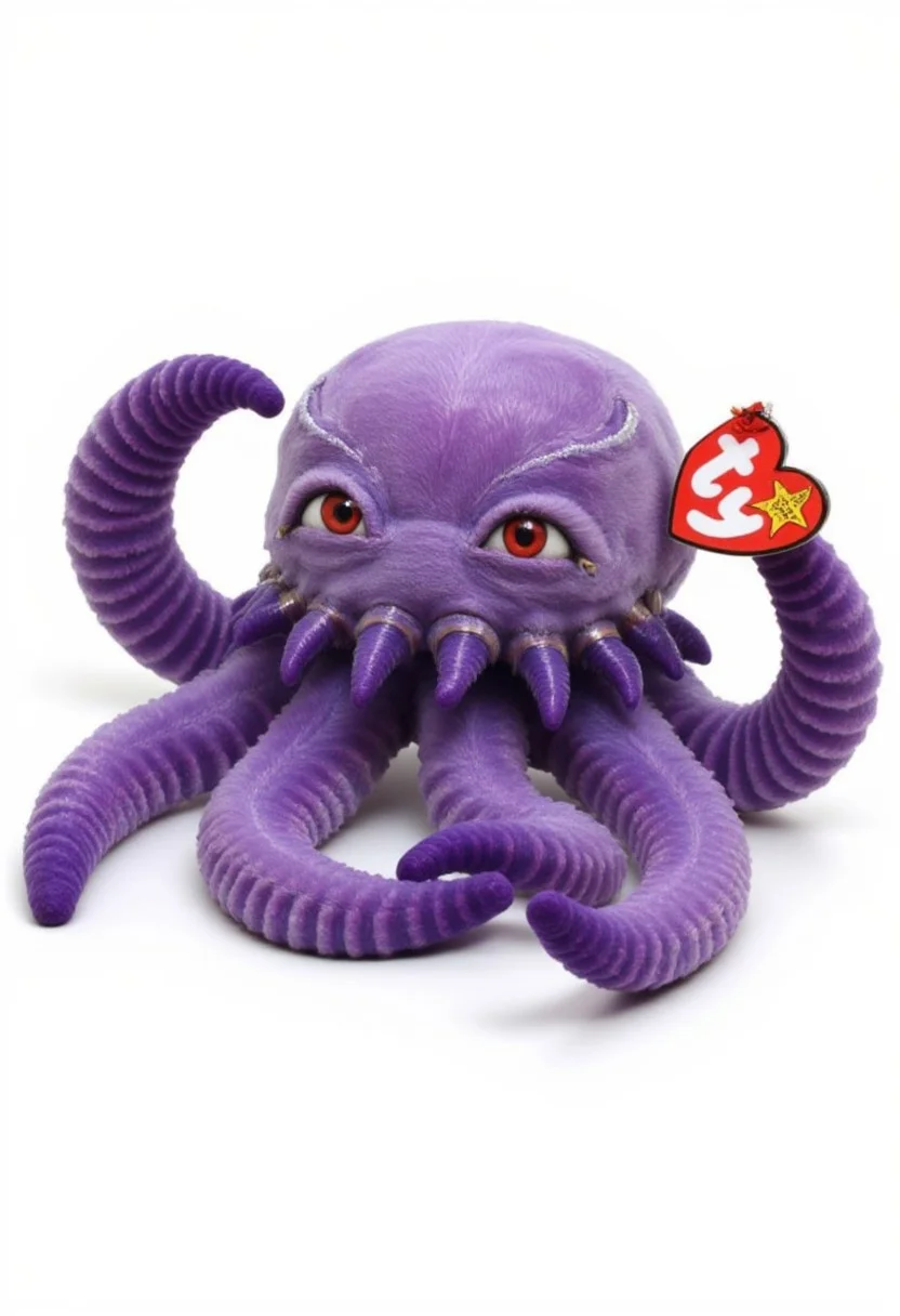 The image is a photograph of a plush toy, specifically a plush 8-tentacled purple octopus, designed to look like a plush toy from the popular "Ty" brand. The plush toy is made of a soft, plush material with a texture that appears fuzzy and slightly velvety in purple