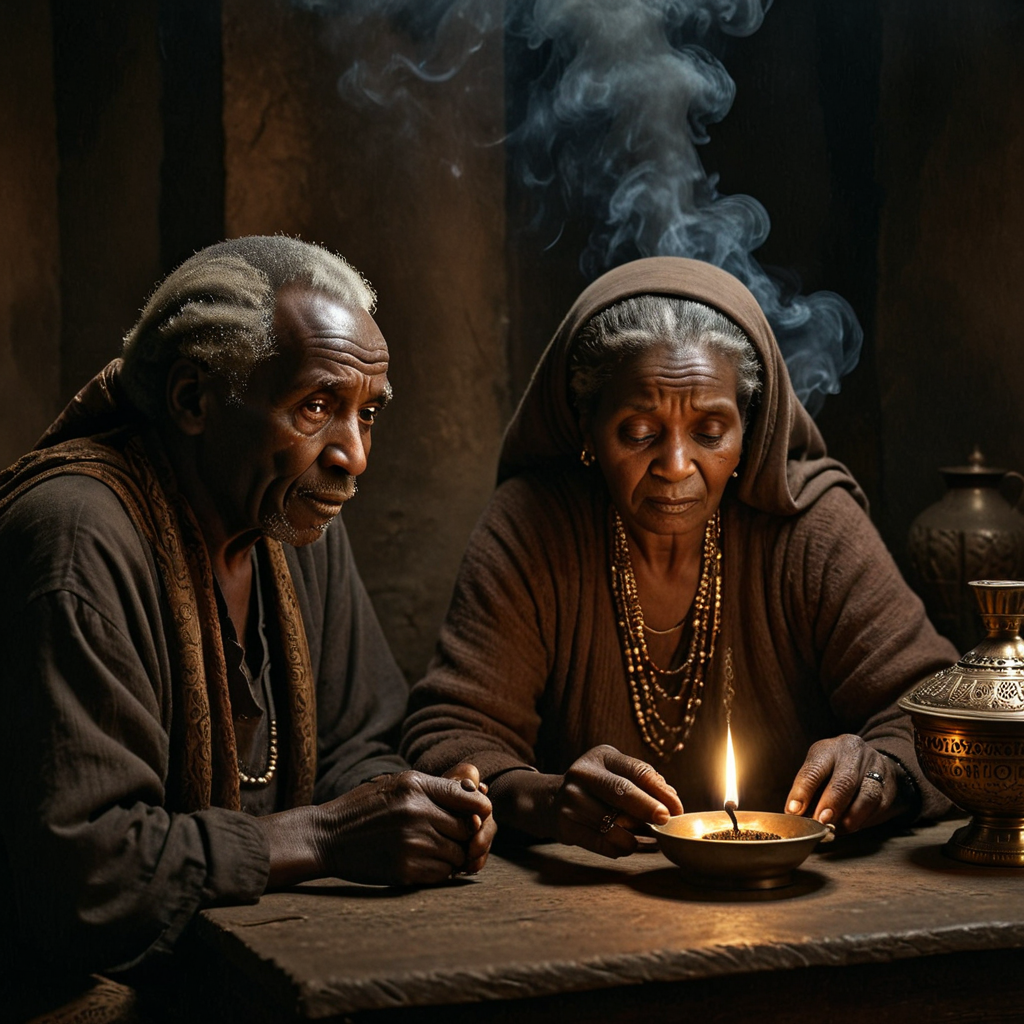 photo focus on night, dark dim muted colors, chiaroscuro   couple , African (1man:1.2) elderly long hair , sudanese( 1woman:1.1) elderly mature  , hand , ornamental incense burner lamp  <lora:Chiaroscuro-v1:0.95>, character color photo portrait, Mise-en-scène, Staged Scene, Thoughtful Arrangement, Chiaroscuro, Strong Light and Shadow, Dramatic Contrast, absurdres, detailed, macro details, 8k, hyper realistic, texture surface details, film, professional, 4k, highly detailed professional, simple