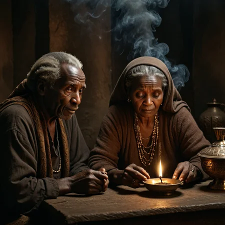 photo focus on night, dark dim muted colors, chiaroscuro   couple , African (1man:1.2) elderly long hair , sudanese( 1woman:1.1) elderly mature  , hand , ornamental incense burner lamp  <lora:Chiaroscuro-v1:0.95>, character color photo portrait, Mise-en-scène, Staged Scene, Thoughtful Arrangement, Chiaroscuro, Strong Light and Shadow, Dramatic Contrast, absurdres, detailed, macro details, 8k, hyper realistic, texture surface details, film, professional, 4k, highly detailed professional, simple