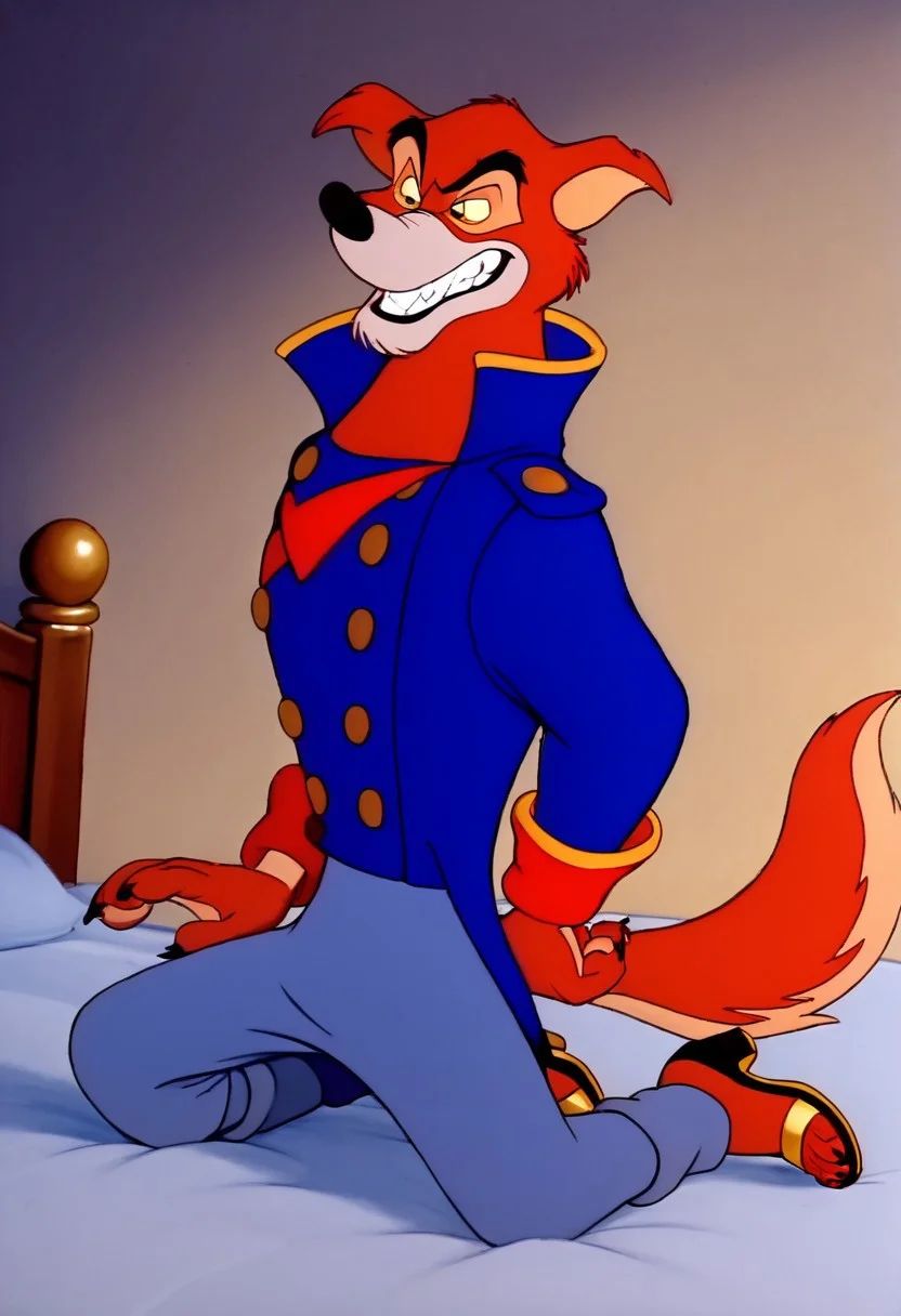 score 9, score 8, score 7, insidious grin, fangs, red wolf, anthro, fluffy, man, full body, blue captain's suit, trousers, boots, tail, sense of confidence, retro style, traditional media, spectacular lighting<lora:Don_Karnage_Talespin_PonyXL:1> <lora:Disney_Renaissance:1>BREAK, bed, front view heeled sandals, hips, jeans heeled sandals, in focus, open toe, close-up view, 2