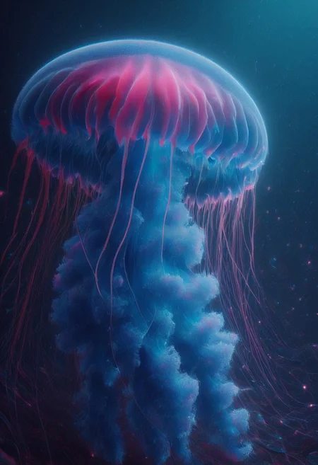 subsurface scattering, large jellyfish closeup, Neon Pink/Blue sss jellyfish,
atmospheric haze, Film grain, cinematic film still, shallow depth of field, highly detailed, high budget, cinemascope, moody, epic, OverallDetail, 2000s vintage RAW photo, photorealistic, candid camera, color graded cinematic, atmospheric lighting, imperfections, natural, shallow dof