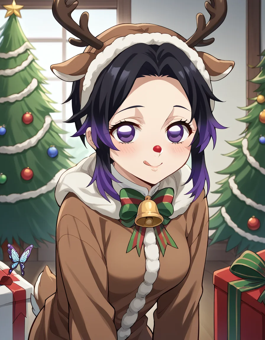 score_9, score_8_up, score_7_up, source_anime, <lora:shinobu-kochou-anime-ponyxl-lora-nochekaiser:1>, shinobu kochou, animal print, black hair, butterfly, butterfly hair ornament, butterfly print, forehead, gradient hair, hair ornament, haori, multicolored hair, parted bangs, purple hair, short hair, two-tone hair, medium breasts, <lora:reindeer-costume-ponyxl-lora-nochekaiser:1>, reindeer costume, animal costume, reindeer antlers, antlers, fake antlers, reindeer hood, christmas, red nose, deer ears, deer tail, christmas tree, bell, horns, reindeer,, blush, smile, tongue out, looking at viewer,,