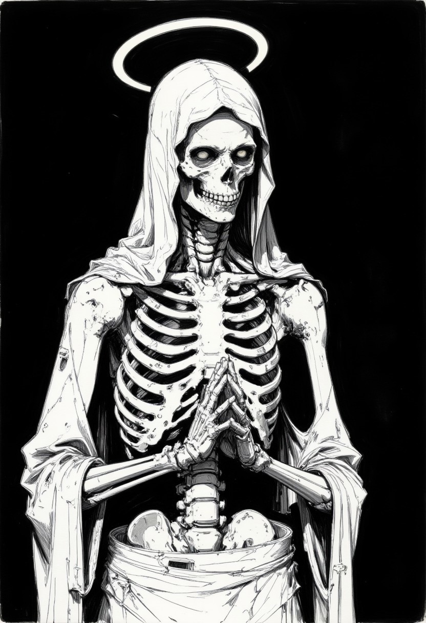 This is a black-and-white, highly detailed rough drawing sketch of a mummified skeleton with a halo, positioned in a prayerful pose. The skeleton's ribcage is exposed, and it wears tattered, white cloth draped over its shoulders. The background is dark, creating a stark contrast that emphasizes the skeleton's skeletal structure. The lighting is focused on the skeleton, highlighting its intricate details. The camera angle is slightly above and to the side, capturing the skeleton's head and upper torso in profile.