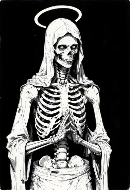 This is a black-and-white, highly detailed rough drawing sketch of a mummified skeleton with a halo, positioned in a prayerful pose. The skeleton's ribcage is exposed, and it wears tattered, white cloth draped over its shoulders. The background is dark, creating a stark contrast that emphasizes the skeleton's skeletal structure. The lighting is focused on the skeleton, highlighting its intricate details. The camera angle is slightly above and to the side, capturing the skeleton's head and upper torso in profile.