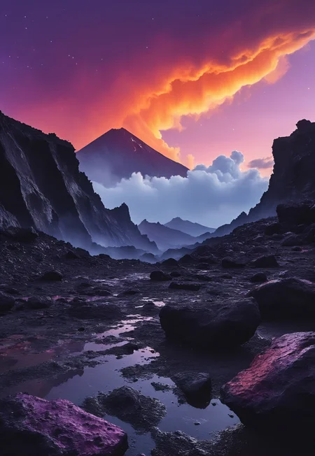 DB4RZ style painting, A dark, otherworldly volcanic landscape looms under a vast, star-filled night sky. The monumental volcano, towering and ominous, is formed from nearly black rocks and violently erupts with glowing streams of magma that pour down its slopes, casting an eerie light across the scene. Above, gigantic clouds swirl, unnaturally illuminated in vivid, otherworldly hues of deep purples, greens, and electric blues, stark against the dark sky. The stars seem brighter than usual, scattered like silver dust across the heavens, adding to the surreal atmosphere. Amidst this chaotic beauty, a lone cloaked figure sits quietly on a jagged outcrop of stone, silhouetted against the volcanic glow. The strange mix of the volcanic fury, the alien light from the clouds, and the serene starlit sky creates a scene both majestic and unsettling, where natural forces collide with unnatural light in a sublime display. (purple sky colors: 2.5) (ethereal glow: 2.3)
 (8k uhd:1,4)
 <lora:add-detail-xl:1>
 <lora:Dynamic Poses:1>