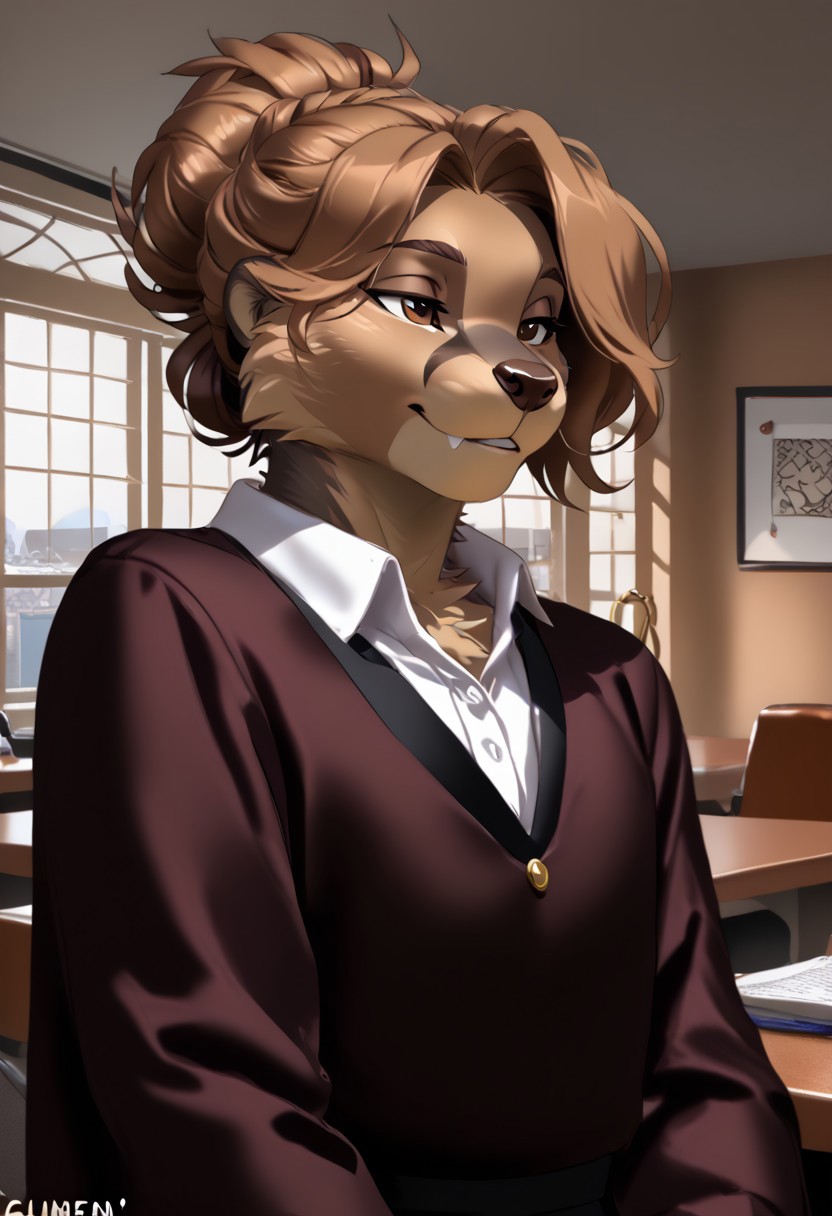 score_9, score_8_up, score_7_up, (by zummeng:1.5), (by jailbird:1.5), (by kittydee:1.5), masterpiece, best quality, (solo),  
(Furry Art : Anthro: banded mongoose:1.5), 1femboy, expressive eyes, feminine eyes, perfect face, feminine face, (light brown hair:1.5), (updo hair:1.5), feminine body, flat chest, mongoose, striped back fur, multicolored fur, grayish brown fur, black fur stripes on back, small animal ears, light brown nose, (secretary dress:1.5), (light brown eyes),