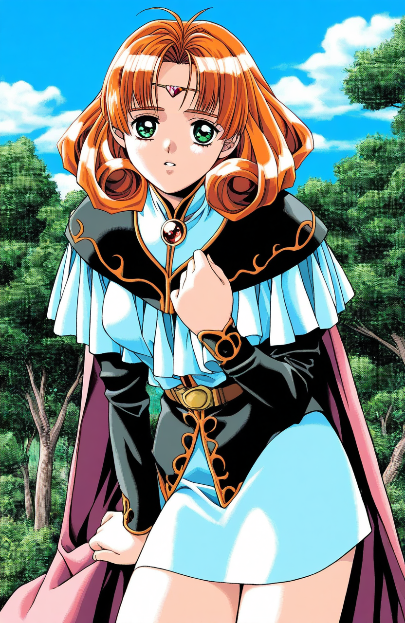 general,highres, ultra-detailed,very aesthetic,best quality ,best hands, BREAK <lora:Natasha_Dragon_knight_â£_IS:1>Natasha,1girl,solo, orange hair, green eyes, medium hair, curly hair, bangs, circlet, breasts,
 tree,  day, outdoors, curly hair, short hair, belt, looking at viewer, gem, sky, long sleeves, 
cloud, dress, tiara, parted lips, cape, jewelry, cowboy shot, skirt,