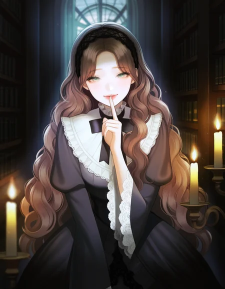masterpiece, high quality, very awa, highres, absurdres, 1girl, wavy hair, parted bangs, green eyes,very long hair, brown hair,seductive smile, shushing, facing viewer, library, indoors, bookshelf, gothic fashion, hairband, frills, lace trim, white skin, dark, candlelight, <lora:SemirealismV2_NOOBAI_VPRED-000026:0.95>, masterpiece, high quality, highres, absurdres,