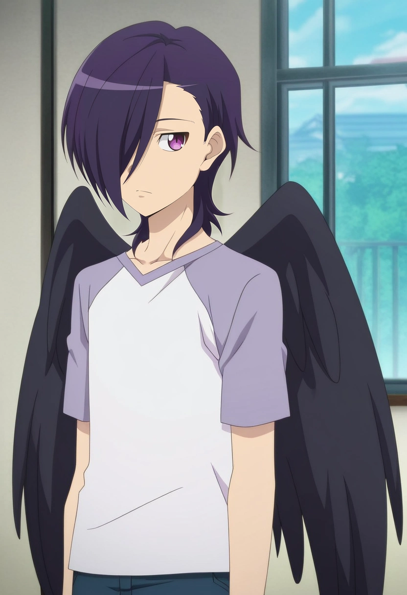 masterpiece, best quality, anime screencap, official style, anime coloring, cowboy shot, 1boy, solo, male focus, <lora:hanzou_urushihara_ilxl:0.98>, hanzou_urushihara, purple hair, purple eyes, hair over one eye, short hair, black wings, white shirt, raglan sleeves,