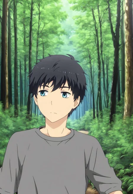 high resolution, solo, best quality, 1Boy, Arata Kaizaki, Black Hair, Blue Eyes, forest, camping, OverallDetail