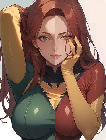 score_9, score_8_up, score_7_up, solo, 1girl, JeanGrey,red and green bodysuit, yellow elbow gloves, zPDXL,  <lora:phoenix-10:1>,