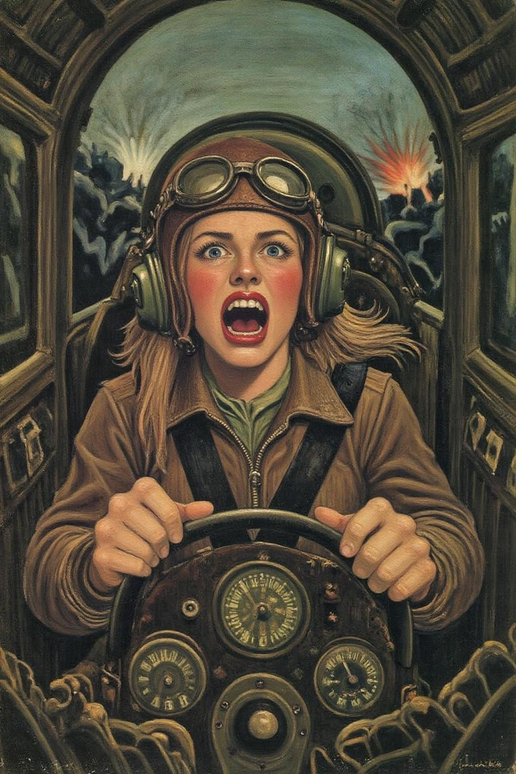 henrou1 painting
A female pilot screaming inside the cockpit of a World War II bomber. The pilot, wearing a vintage leather flight helmet with goggles and a bomber jacket, grips the controls with white-knuckled hands. Her face is contorted in a mix of fear and determination as she yells, her eyes wide with adrenaline. The cockpit is cramped and filled with old-fashioned dials and gauges, with the outside view showing dark stormy clouds and distant anti-aircraft fire.   <lora:henrou1_jungle_cap_d6a3e14:1.0><lora:817724415816074888:0>