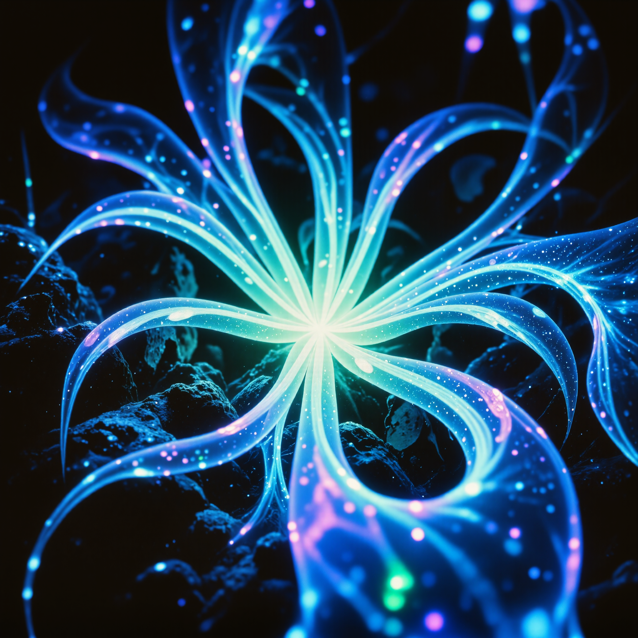 award-winning macro photo, short depth of field, dramatic lighting, subsurface scattering, blue-green-purple iridescence, the tiny swarming creatures called "shiny lubwinks" are minute, glimmering creatures that form fractal formations in the nutrient-rich caverns on planet "thisoneismine iv." they communicate by emitting pulsing light with the bioluminescent patterns on their lumirippling backs. these creatures form immense swarms of thousands of individuals, often moving as if they had a single mind as they feed on drifting micro-spores released by the towering spongy floomactites. the foggy caverns they live in are contain an ever-shifting mass of dense, glowing vapor punctuated by jagged mineral formations, creating a hauntingly beautiful and constantly morphing habitat, aidmafluxpro1.1, in the style of ck-ovf, arsmoviestill, 80s fantasy movie still, <lora:style-80s_fantasy_movie-v3-flux-by_arsmachina:0.96> <lora:style-oneviolentfantasy-ep21-flux-by_chronoknight:0.48> <lora:flux_pro1.1_detailer-v0.2-flux-by_aidma:0.6>