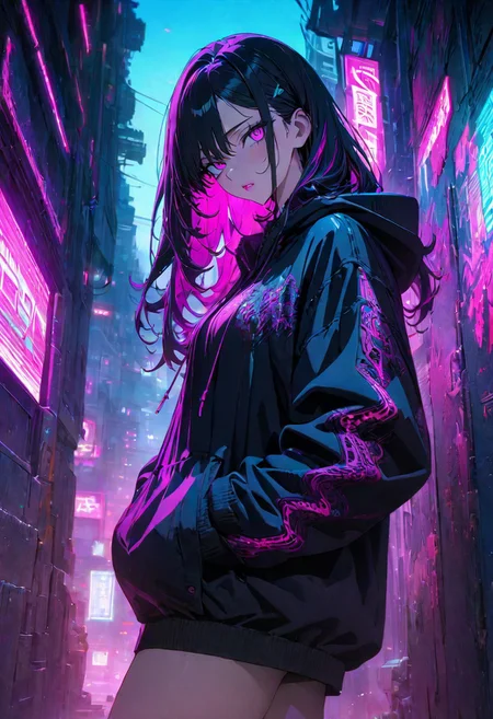 gorgeous lips, (masterpiece), (best quality), (ultra-detailed), very aesthetic, illustration, perfect composition, intricate details, absurdres, detailed face, (anime, masterpiece, intricate:1.3), (best quality, hires textures, high detail:1.2), (4k),(incredibly detailed:1.4)
long hair, (two tone hair, cyan:magenta:1.0), legs, hoodie, hands in pocket, neon light, cyberpunk, leaning against wall, looking away from viewer, side shot, beautiful detailed landscape, ,newest, intricate details,perfect anatomy, cyan theme, magenta theme, Japanese pop art style