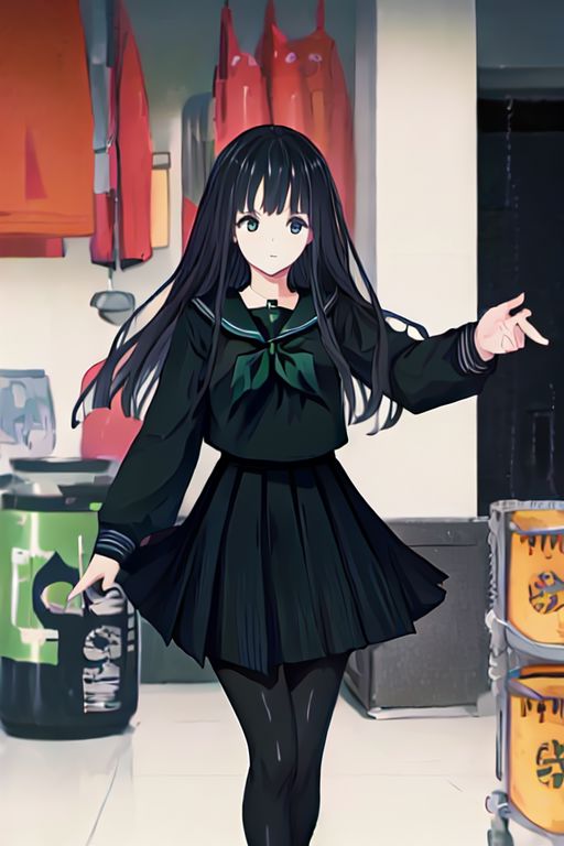 Rinne byuakuya, long hair, black hair, black eyes, small breasts, black serafuku, green necktie, black skirt, pantyhose