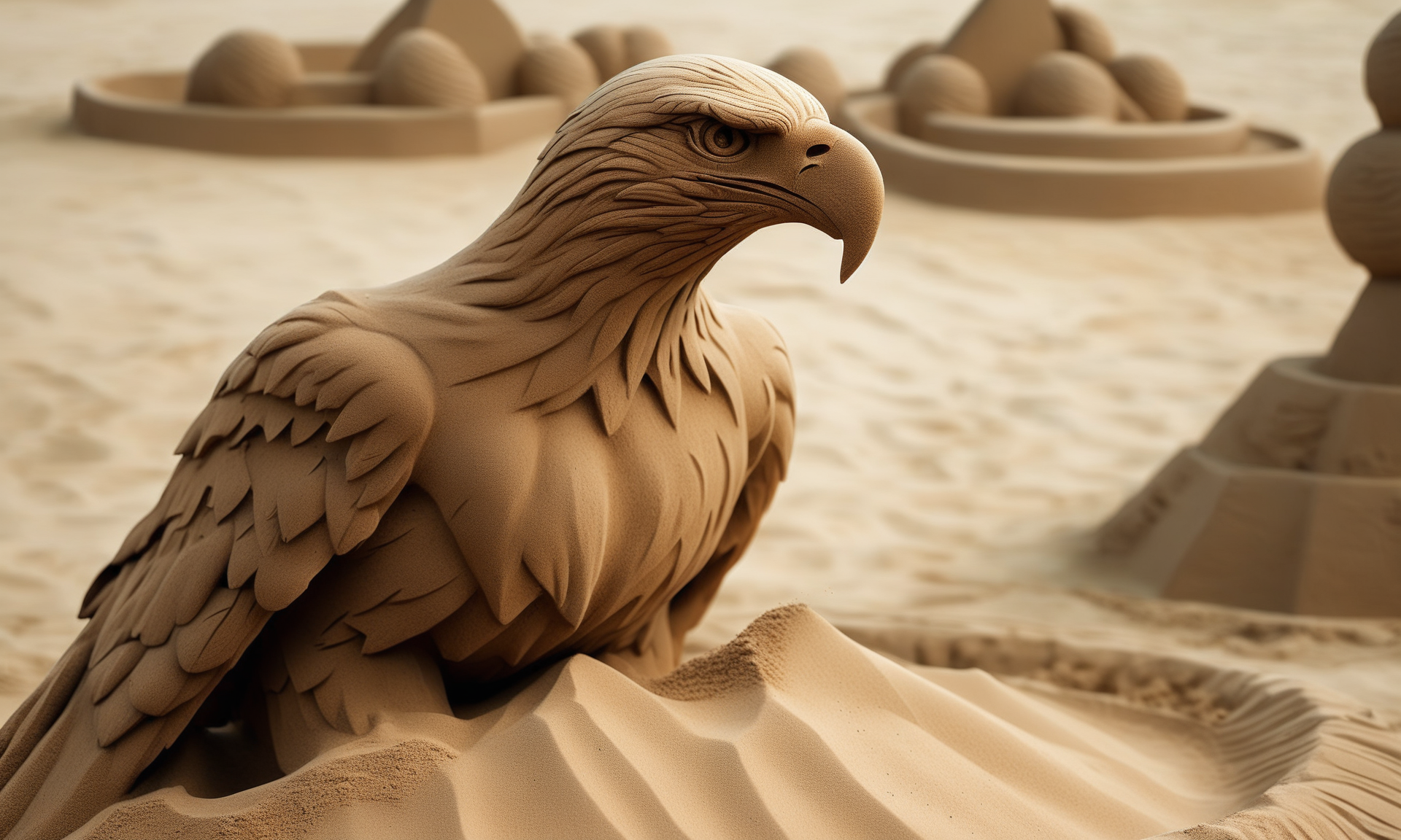 <lora:sandsculpturecd_xl-000006:0.8>,a statue of a eagle made of sand on sandbeach,full body,sandsculpturecd_xl,sand sculpture,outdoors,chinese zodiac,cutie,cute,still life,animal statue,front view,facing viewer,looking at viewer,fine art,(Unbelievable Digital Artwork:1.3),CGSociety,ArtStation,master works, emotional, harmonious, high budget, moody, epic, gorgeous, perfect lighting, realistic, photorealistic, photographic, photo (medium),real, moody lighting, volumetric lighting, reality ray tracing, 8K, HDR, UHD, masterpiece, best quality, highly detailed, high resolution, finely detail, extremely detailed, ultra detailed, wallpaper