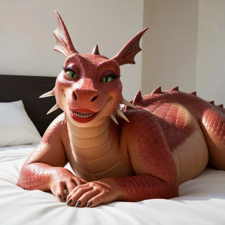 score_9, score_8_up, score_7_up, score_6_up, score_5_up, score_4_up, masterpiece, high quality, realistic, detailed, best quality, white bed, solo, rating_safe, source_furry, bedroom, happy, smiling, seductive, ((looking at viewer)), lying on belly, feral, detailed eyes, detailed face, elizabeth_shrek, dragon, wings, makeup, lipstick, head spikes, head fins, red scales, scales, female, 1girl, green sclera, green eyes, tail