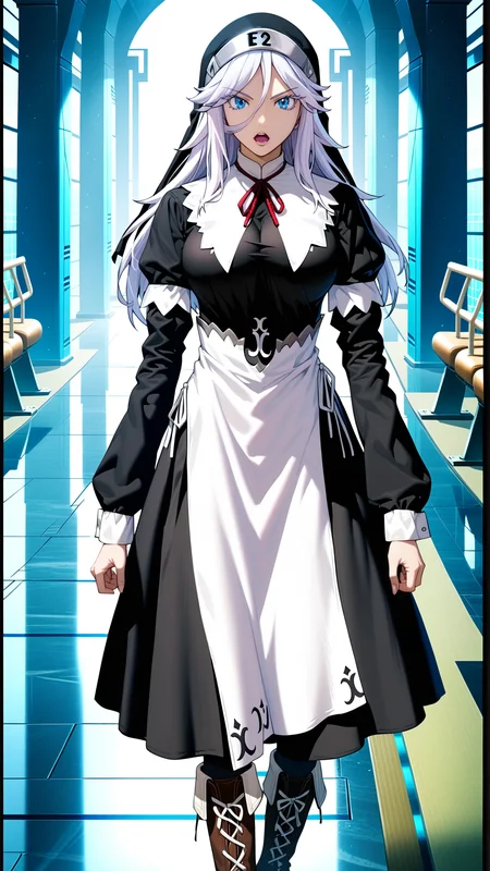 fantasy-style, (zPDXL2), (((cowboy shot))), (((dynamic pose))), (((dynamic angle))), sehele style, webtoon, anime, centered, 1girl, 1woman, sisry, blue eyes, gray eyebrows, long white hair and eyelashes, a long-sleeved black nun's habit with "E2" on the headpiece, knee-length brown boots, mechanical seam across forehead, open mouth, indoors, sci-fi background, <lora:sd_xl_dpo_lora_v1:1>, <lora:OMG-Is-DucHaiten_v1.0:0.1>, <lora:Seunghee_Lee_Style_PDXL:1>, <lora:ManhwaSDXL:0.8>, <lora:sisry_PonyXL:0.8>