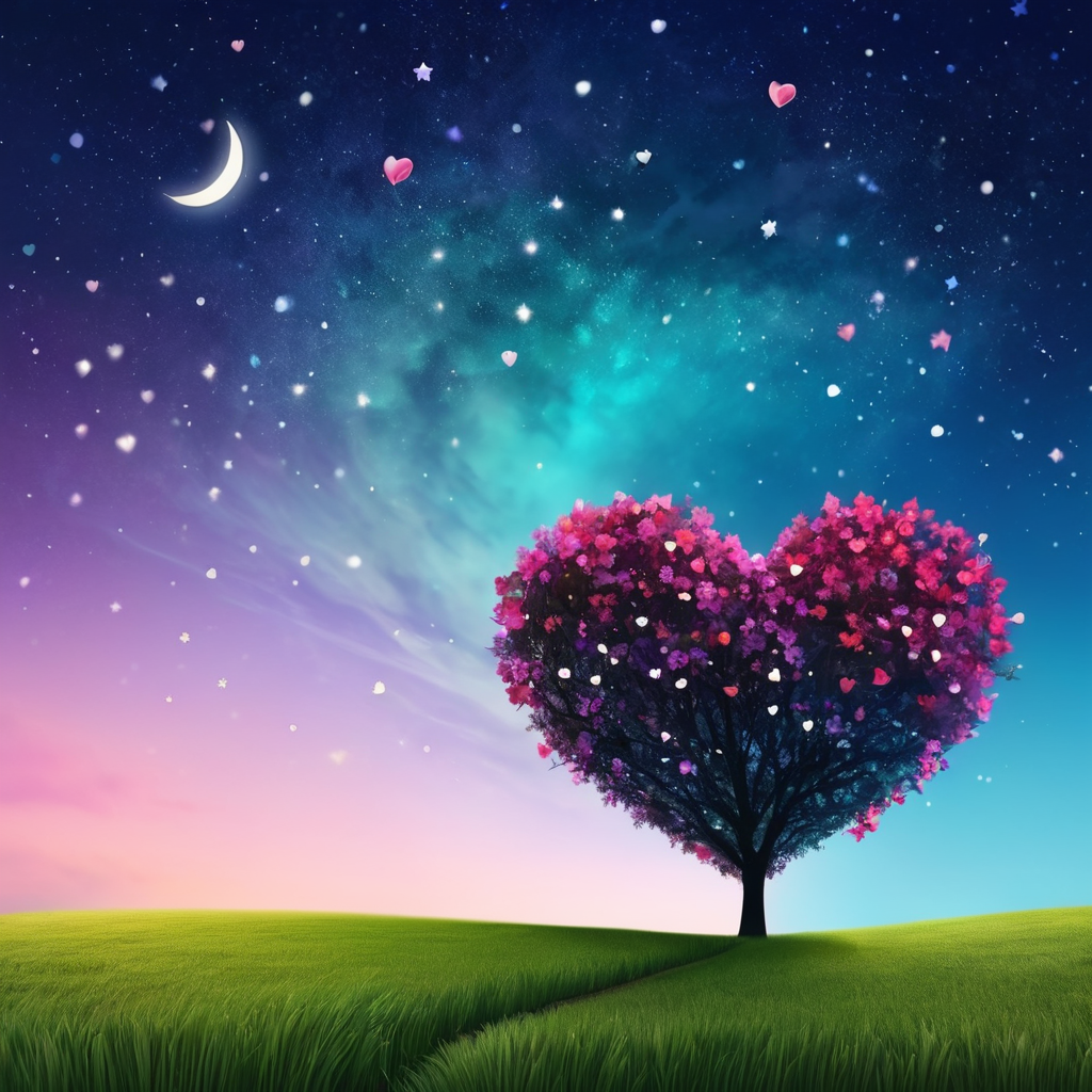 ValentineNatureStyle,flower,outdoors,sky,tree,no humans,night,grass,star (sky),heart shaped stars,heart shaped moon,nature,night sky,scenery,starry sky,field,colorful
,heart shaped flower,valentine,  <lora:ValentineNatureStyle:1>, <lora:add_detail:0.8> <lora:more_details:0.8> <lora:colorfix:0.8>
